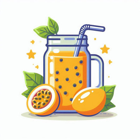 Passion fruit smoothie in a mason jar with straw and fresh fruits. Vector illustration.のイラスト素材