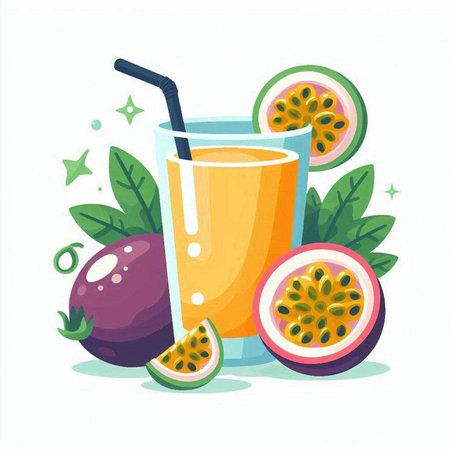 Passion fruit juice in a glass with a straw. Vector illustration.のイラスト素材