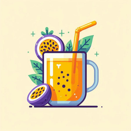 Passion fruit juice in a glass with a straw. Vector illustration.のイラスト素材