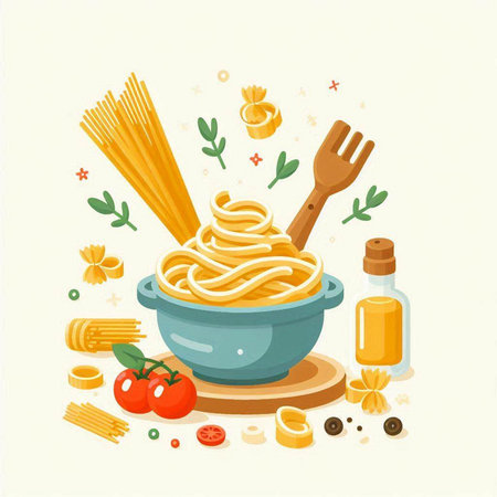 Spaghetti in a bowl and ingredients for cooking. Vector illustration.のイラスト素材