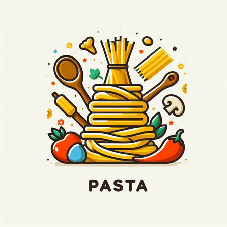 Pasta logo with spaghetti, tomato, fork and spoon. Vector illustration.のイラスト素材