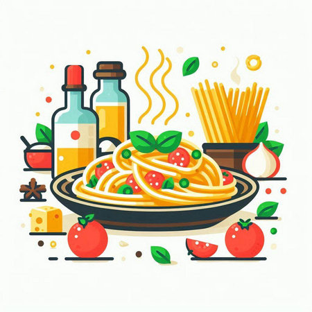 Spaghetti with tomato sauce and basil. Vector illustration in flat styleのイラスト素材