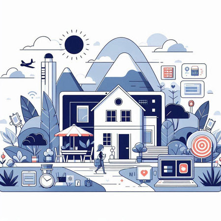 Flat design modern vector illustration concept of real estate, construction and development. Landscape with buildings, trees, sky, sun, clouds.のイラスト素材