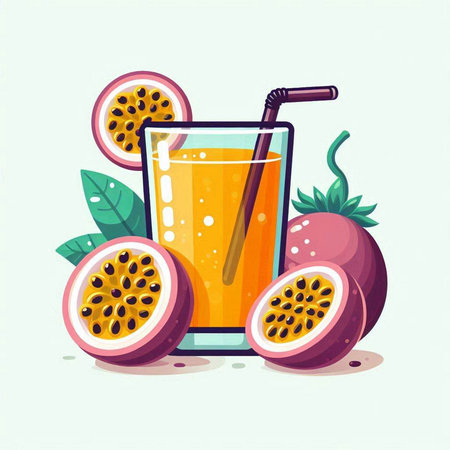 Passion fruit juice vector illustration. Fresh and juicy fruit juice.のイラスト素材