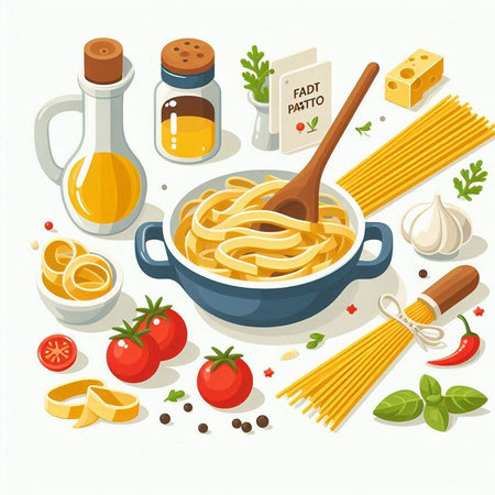 Spaghetti pasta with ingredients for cooking. Top view. Vector illustrationのイラスト素材