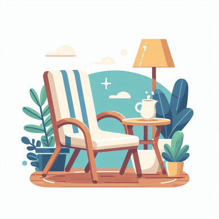 Comfortable armchair, lamp and coffee cup on the beach. Vector illustrationのイラスト素材