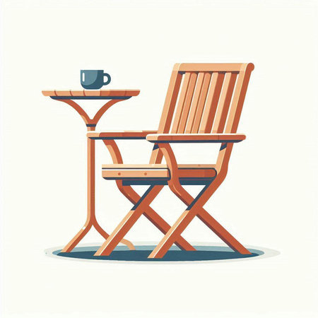 Vector illustration of a wooden chair with a table and a cup of coffeeのイラスト素材