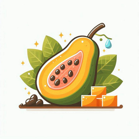 Papaya fruit with green leaves on white background. Vector illustration.のイラスト素材
