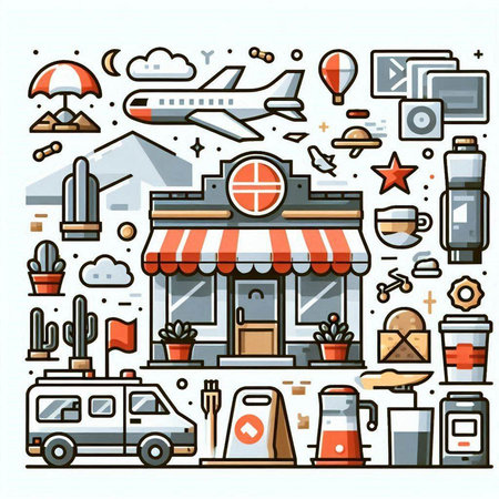 Line art flat design vector illustration of travel, vacation and leisure.のイラスト素材