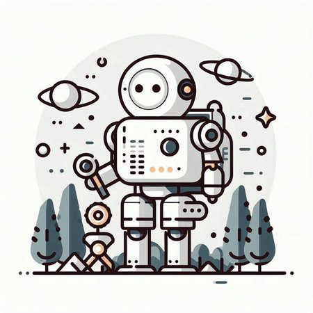 Vector illustration of cute robot in flat line style on white background.のイラスト素材