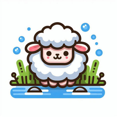 Cute sheep cartoon character standing on the grass. Vector illustration.のイラスト素材