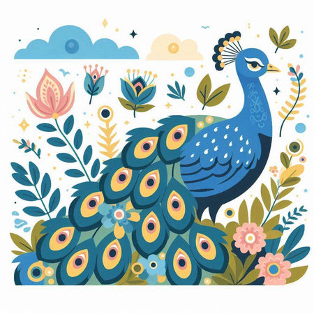 Peacock with flowers and leaves. Vector illustration in cartoon style.のイラスト素材
