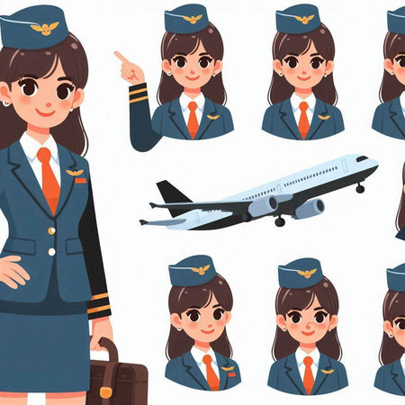 Airplane stewardess set. Vector illustration in cartoon style.のイラスト素材