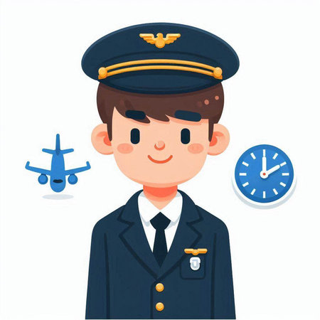 Vector illustration of a pilot with a clock and airplane in the backgroundのイラスト素材