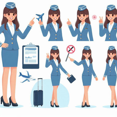Air hostess character set. Cartoon illustration of stewardess character vector set for web designのイラスト素材