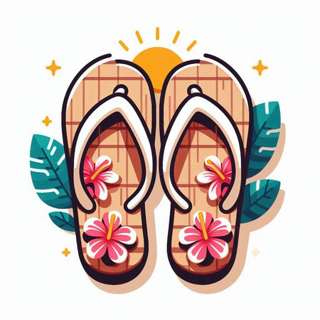 Flip flops with tropical flowers and sun. Vector illustration.のイラスト素材