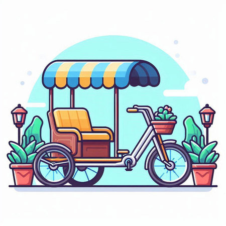 Tricycle with awning. Vector illustration in flat styleのイラスト素材