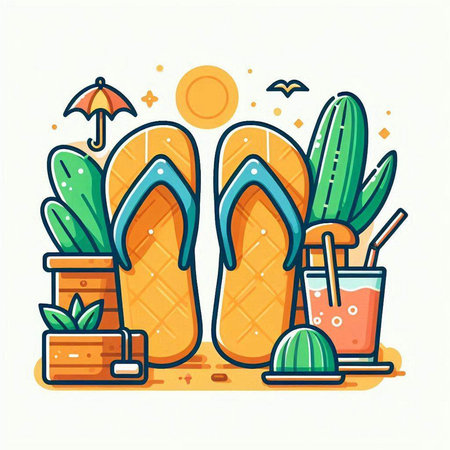 Flip-flops, cocktail, beach bag and plant in pot. Vector illustrationのイラスト素材