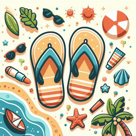 Flip flops and summer items on the beach. Vector illustrationのイラスト素材