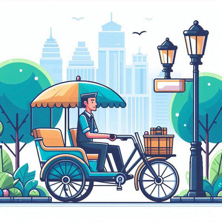 Handsome man riding a tricycle in the city. Vector illustrationのイラスト素材
