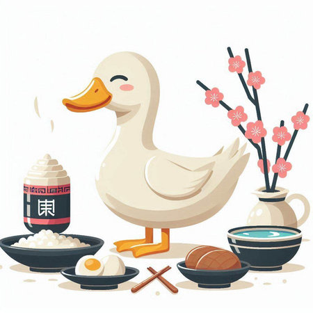 Illustration of a duck and Japanese food on a white background.のイラスト素材