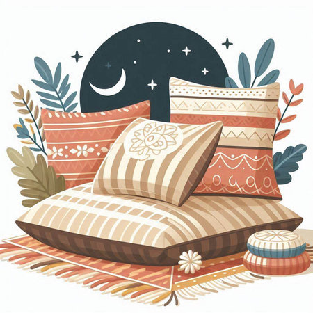Illustration of cozy pillows and cushions in the night.のイラスト素材