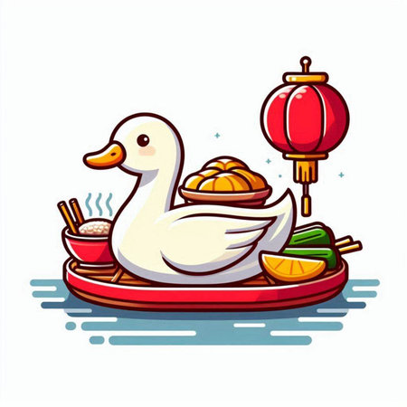 Illustration of a white duck with a plate of chinese foodのイラスト素材