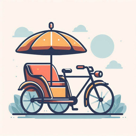 Vector illustration of a bicycle with an umbrella. Flat style design.のイラスト素材