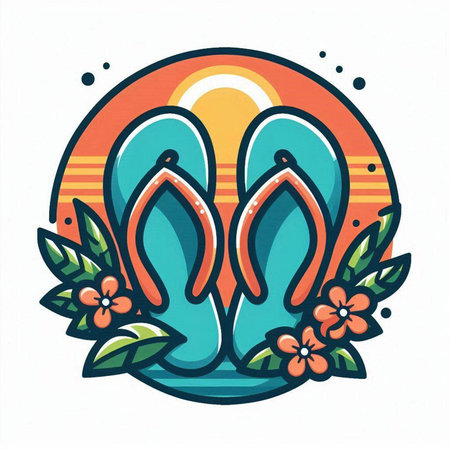 Flip flops with flowers and sun in the background. Vector illustration.のイラスト素材