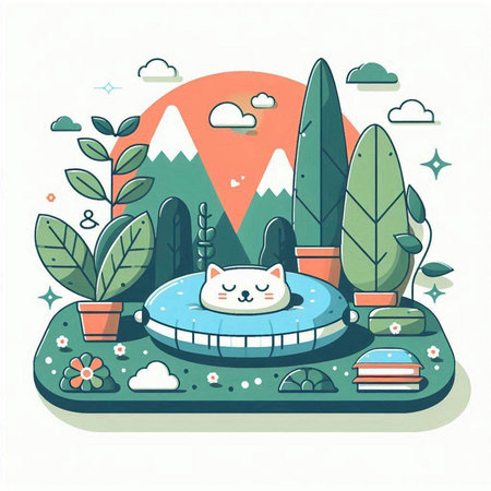 Cute cat in the garden. Vector illustration in flat style.のイラスト素材