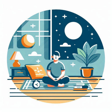 Man meditating at home. Vector illustration in flat cartoon style.のイラスト素材