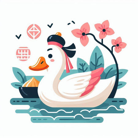 Swan with plum blossom. Vector illustration in flat style.のイラスト素材