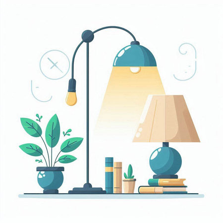 Flat design vector illustration concept of home interior. Living room with lamp, books, plants, vase, coffee table, lampshade.のイラスト素材