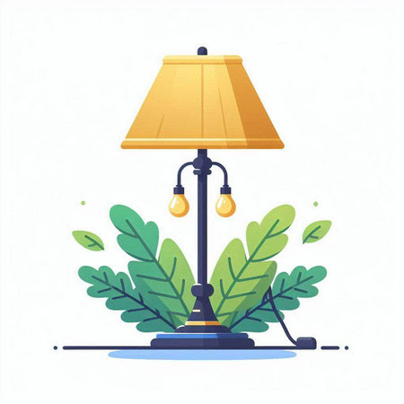 Vector illustration of a lamp on the background of green plants. Flat style.のイラスト素材