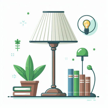 Flat design modern vector illustration concept of home library, bookshelf, lamp and plant.のイラスト素材