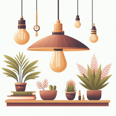 Illustration of a set of lamps and plants. Vector illustration.のイラスト素材