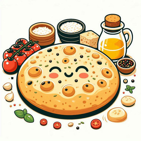 Illustration of a pizza with different ingredients on a white background.のイラスト素材