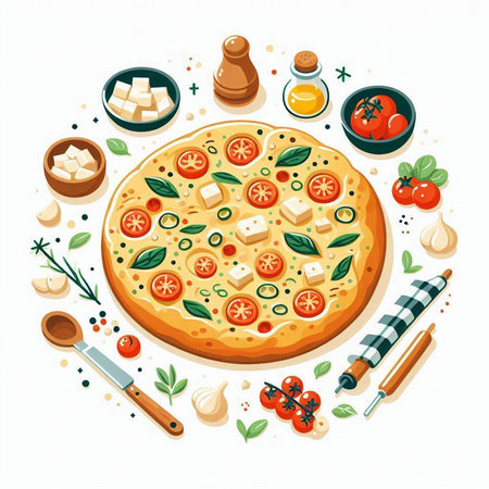 Pizza with cheese, tomato, mozzarella, basil and olive oil. Vector illustrationのイラスト素材