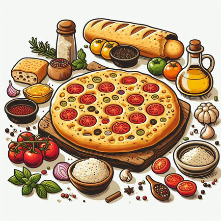 Italian pizza with ingredients on white background. Vector hand drawn illustration.のイラスト素材
