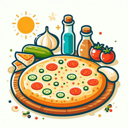 Pizza with ingredients on white background. Vector illustration in flat style.のイラスト素材