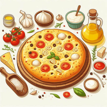 Pizza with mozzarella cheese, tomatoes, olives and spices. Vector illustrationのイラスト素材