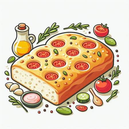 Illustration of a piece of pizza with tomatoes, olives and herbsのイラスト素材