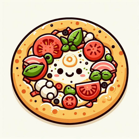 Illustration of pizza with kawaii face on a white backgroundのイラスト素材