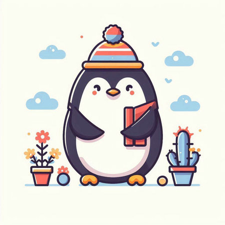 Cute penguin in a hat and scarf. Vector illustration.のイラスト素材