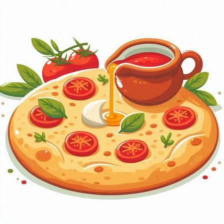 Pizza with tomato sauce and basil on a white background. Vector illustration.のイラスト素材