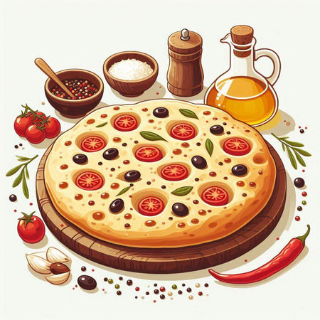 Illustration of pizza with olives, tomato, pepper and oilのイラスト素材