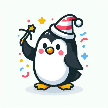 Cute penguin with christmas hat and magic wand. Vector illustration.のイラスト素材