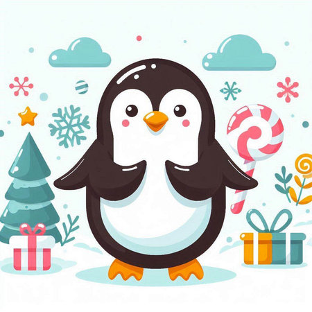 Cute cartoon penguin with christmas gifts. Vector illustration.のイラスト素材