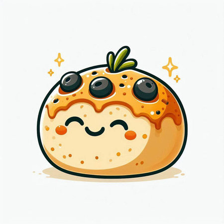 Cute cartoon illustration of a cake with eyes and a smile.のイラスト素材