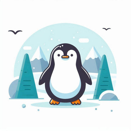 Cute penguin in winter landscape. Vector illustration in flat style.のイラスト素材